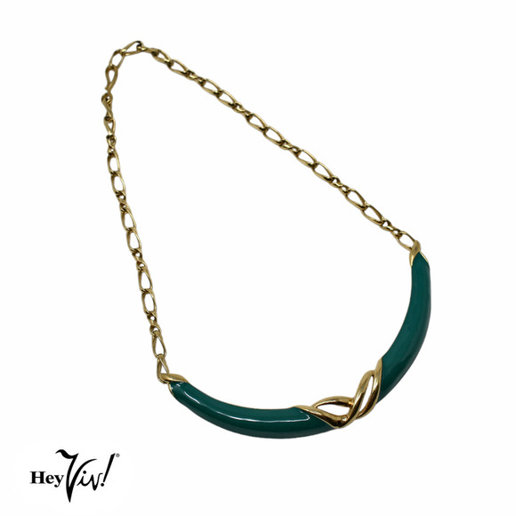 Vintage Signed Monet Green Gold Choker Necklace Statement Piece 19" - Hey Viv - Picture 2 of 6